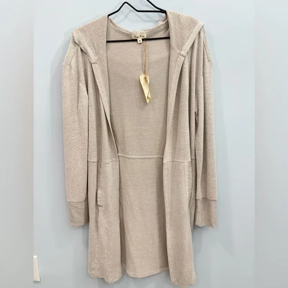 Kings Road Women’s Beige Hooded Cardigan Open Front Lightweight Duster Pockets M - Picture 3 of 9